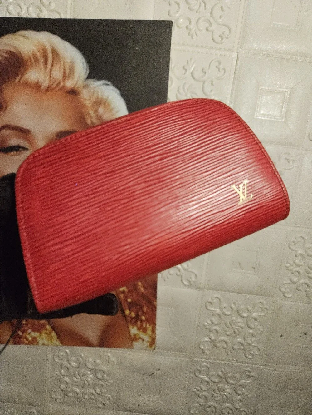 Louis Vuitton Epi Dauphine Jaune Red Clutch Toiletry Crossbody Bag Authentic